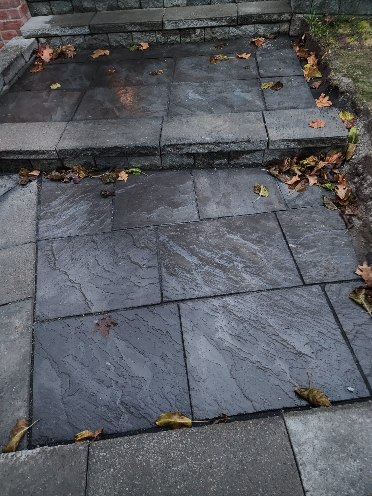 Close-up of slate-look stone patio tiles with fall leaves